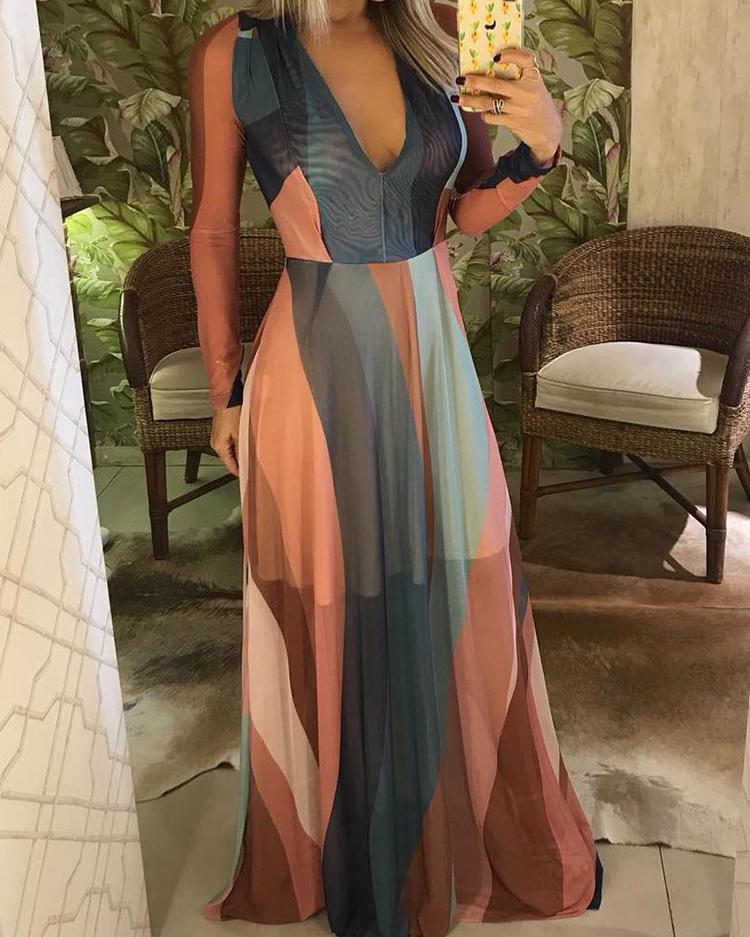 

Color Block Splicing Plunge Neck Maxi Dress, Multicolor