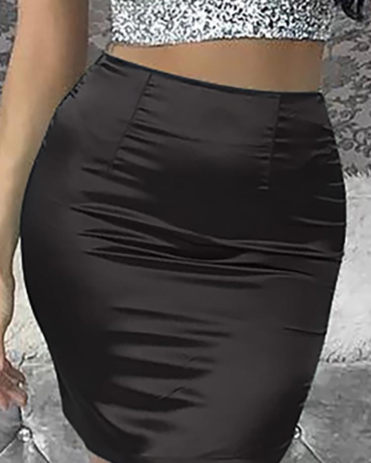 

Solid High Waist Slinky Mini Skirts, Black