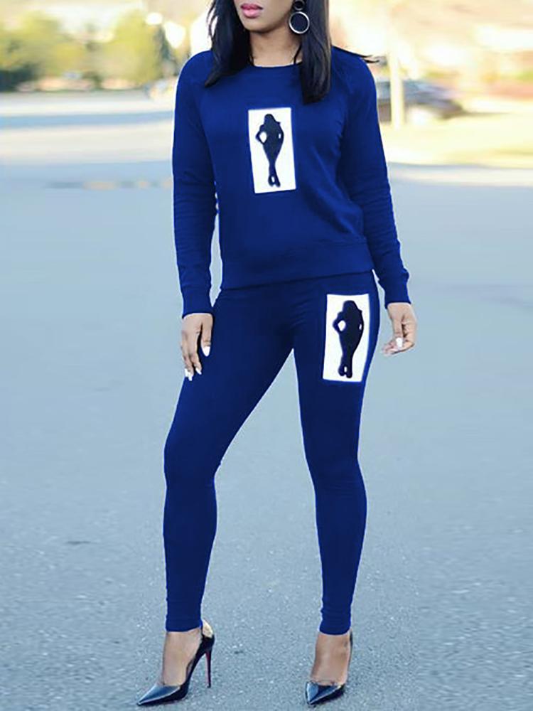 

Figure Pattern Long Sleeve Sweatshirt & Pants Set, Blue