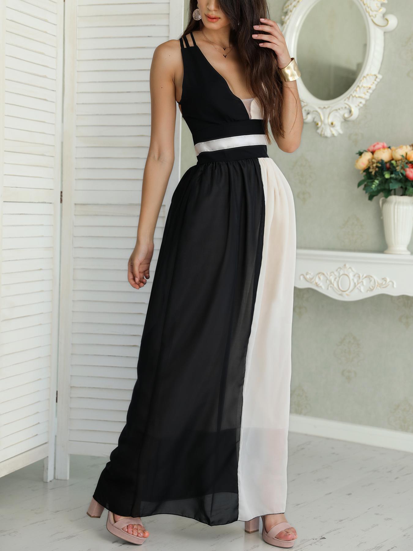 

Colorblock Plunge Neck Crisscross Back Maxi Dress, Black