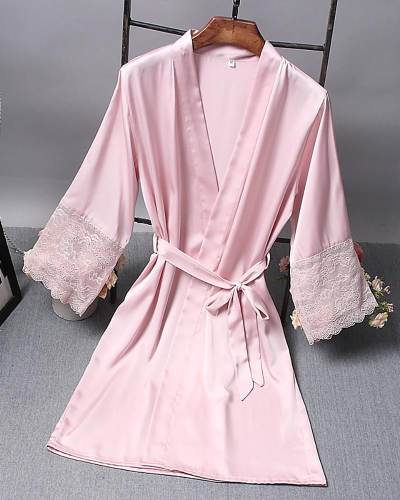 

Solid Open Front Long Sleeve Robe, Pink