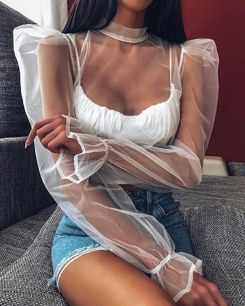 

Mesh See Through Blouse & Spaghetti Strap Crop Top Sets, White