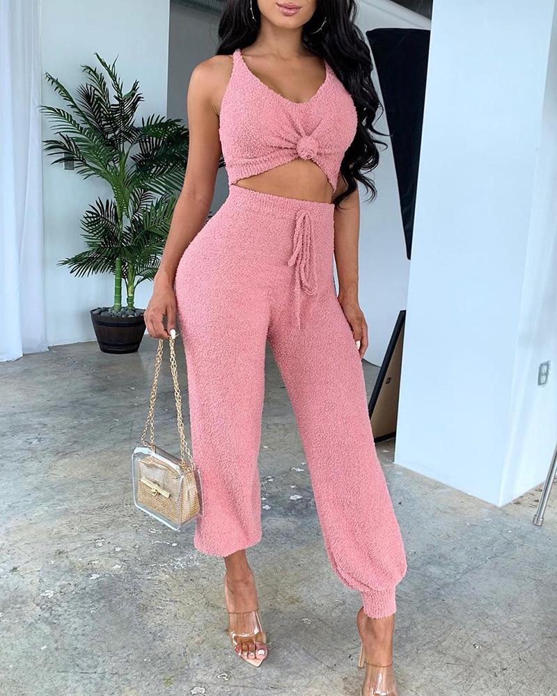 

Solid Sleeveless Knotted Top & Drawstring Design Casual Pant Sets, Pink