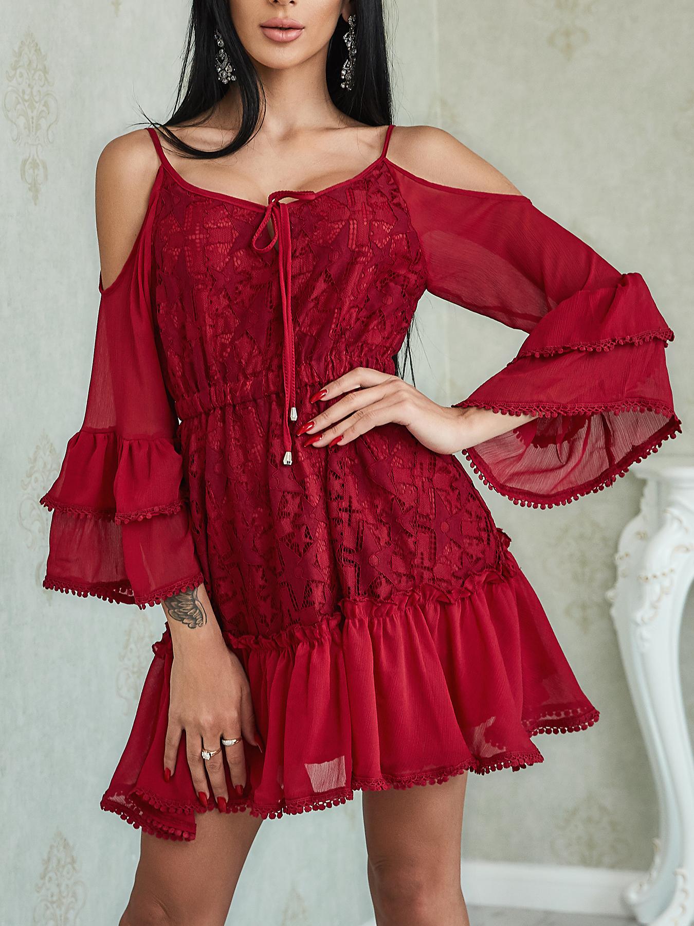 

Flared Sleeve Wrap Deep V Belted Mini Dress