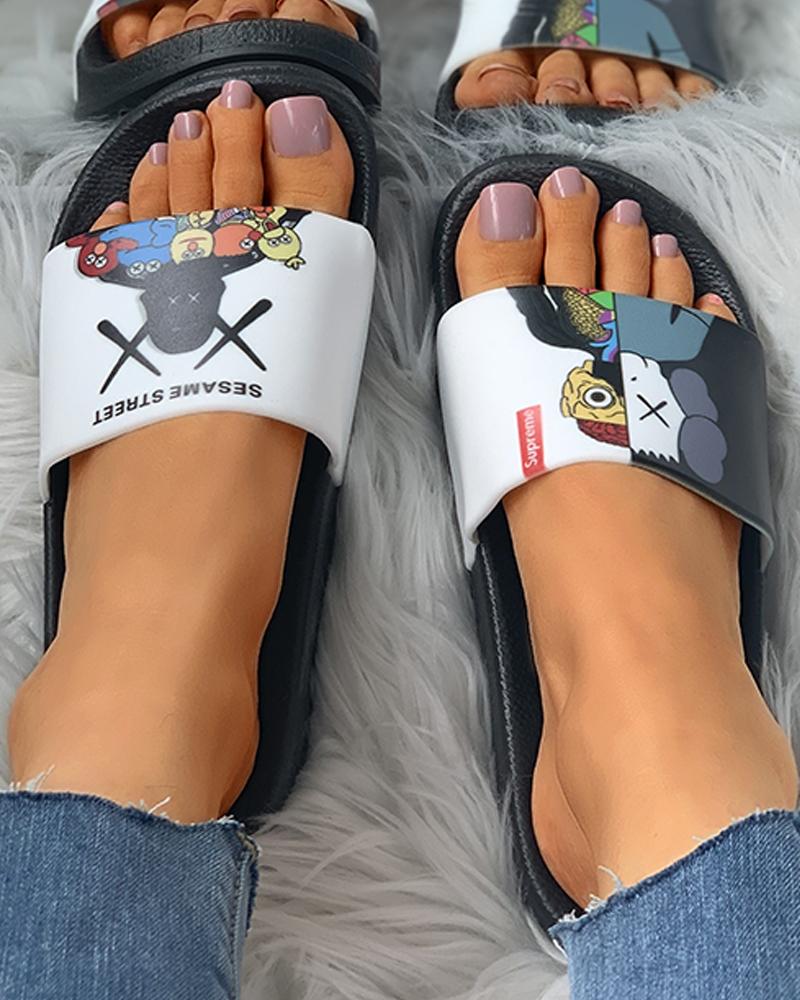 

Cartoon Pattern Non-Slip Flat Sandals, Black