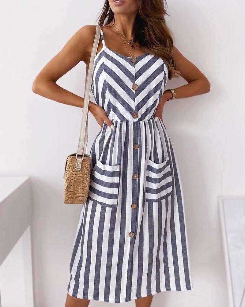 

Striped Colorblock Buttoned Pocket Design Casual Dress, Gray