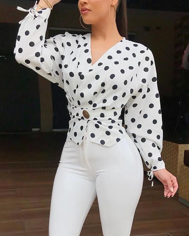 

Dot Print Tight Waist Casual Blouse, White