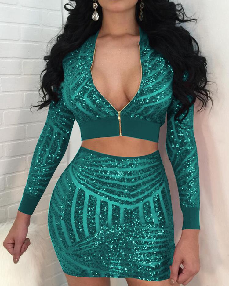 

Sequins Zipper Front Cropped Coat & Skirt Sets, Green