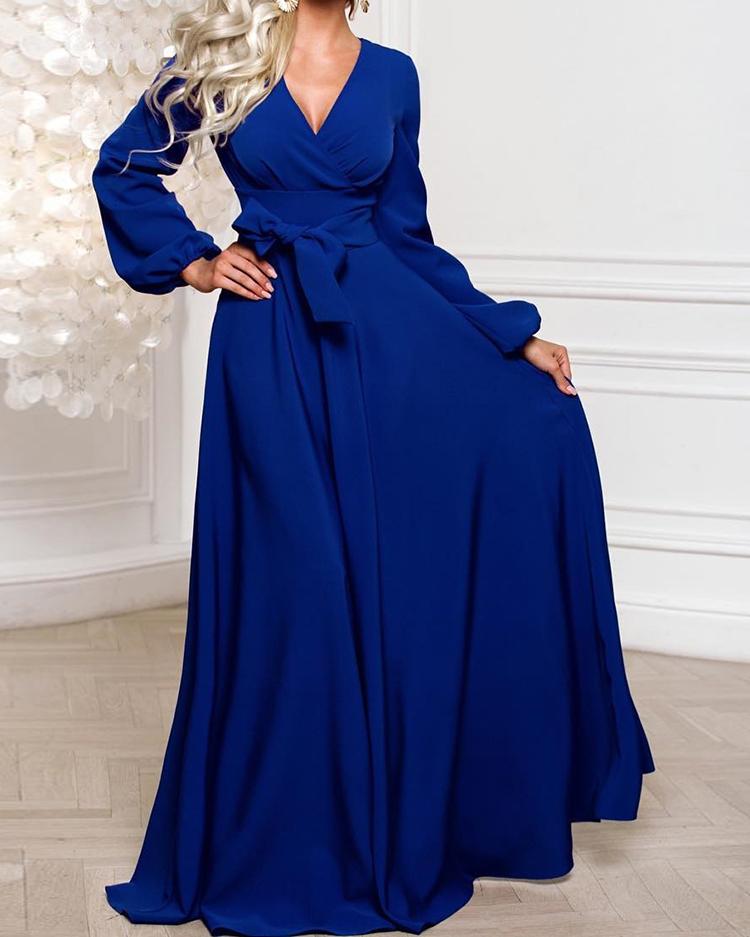 

Lantern Sleeve Wrap Belted Maxi Dress, Blue