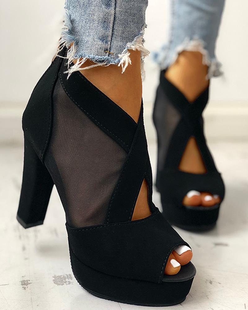 

Mesh Insert Platform Chunky Heeled Sandals, Black