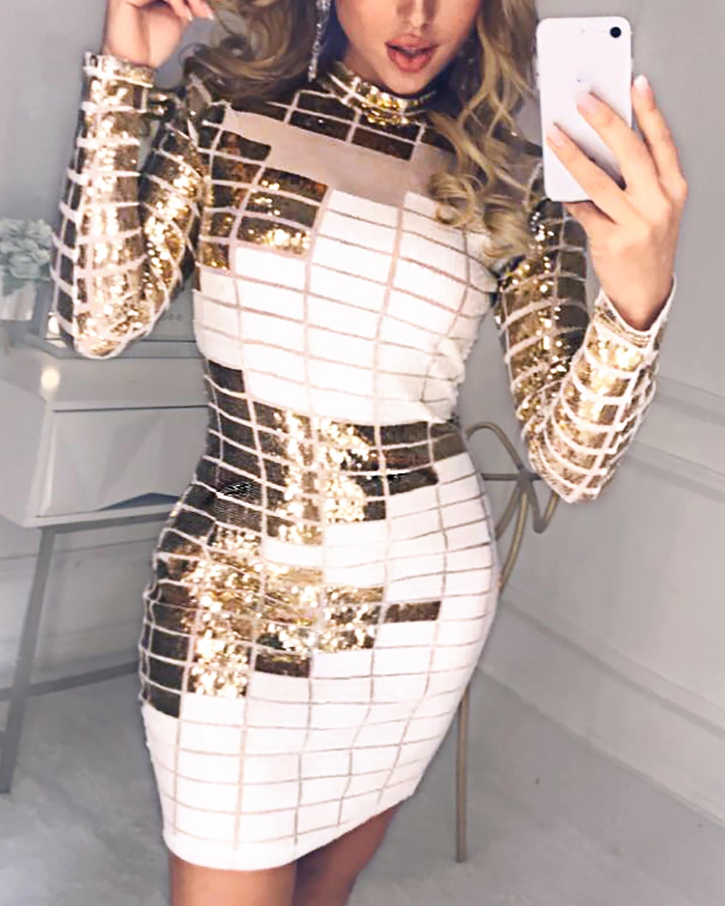 

Abstract Sequins Mock Neck Long Sleeve Bodycon Dress, White
