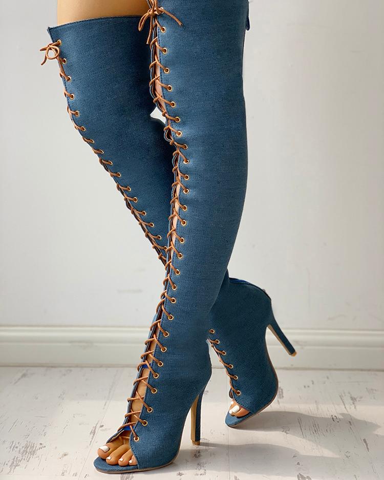 

Lace-Up Bandage Eyelet Peep Toe Long Boots, Blue