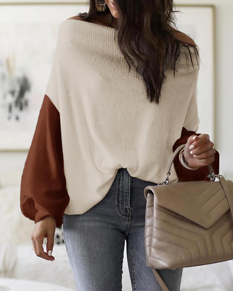 

Colorblock Off Shoulder Lantern Sleeve Blouse, White