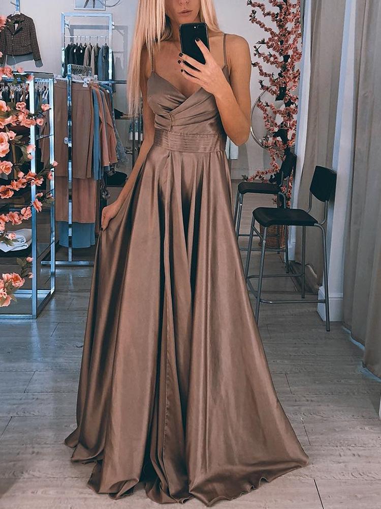 

Ruched Detail Spaghetti Strap Slit Maxi Dress