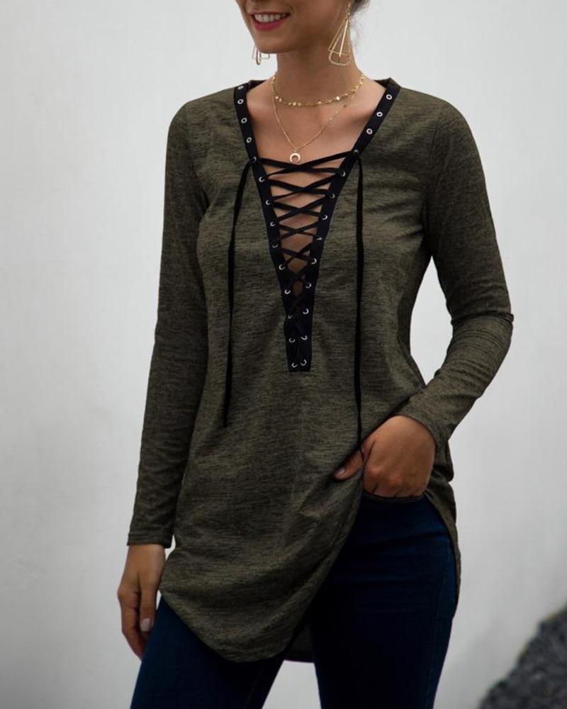 

Deep V Front Lace-Up Top, Army green