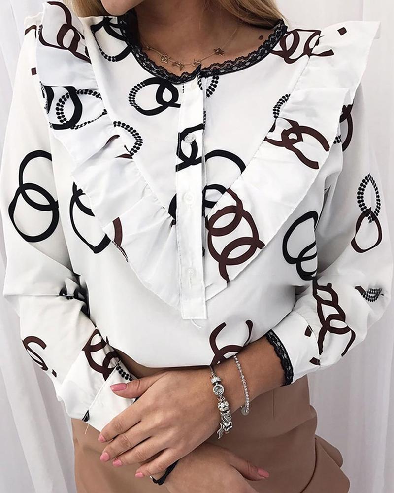 

Print Lace Trim Ruffles Hem Blouse, White
