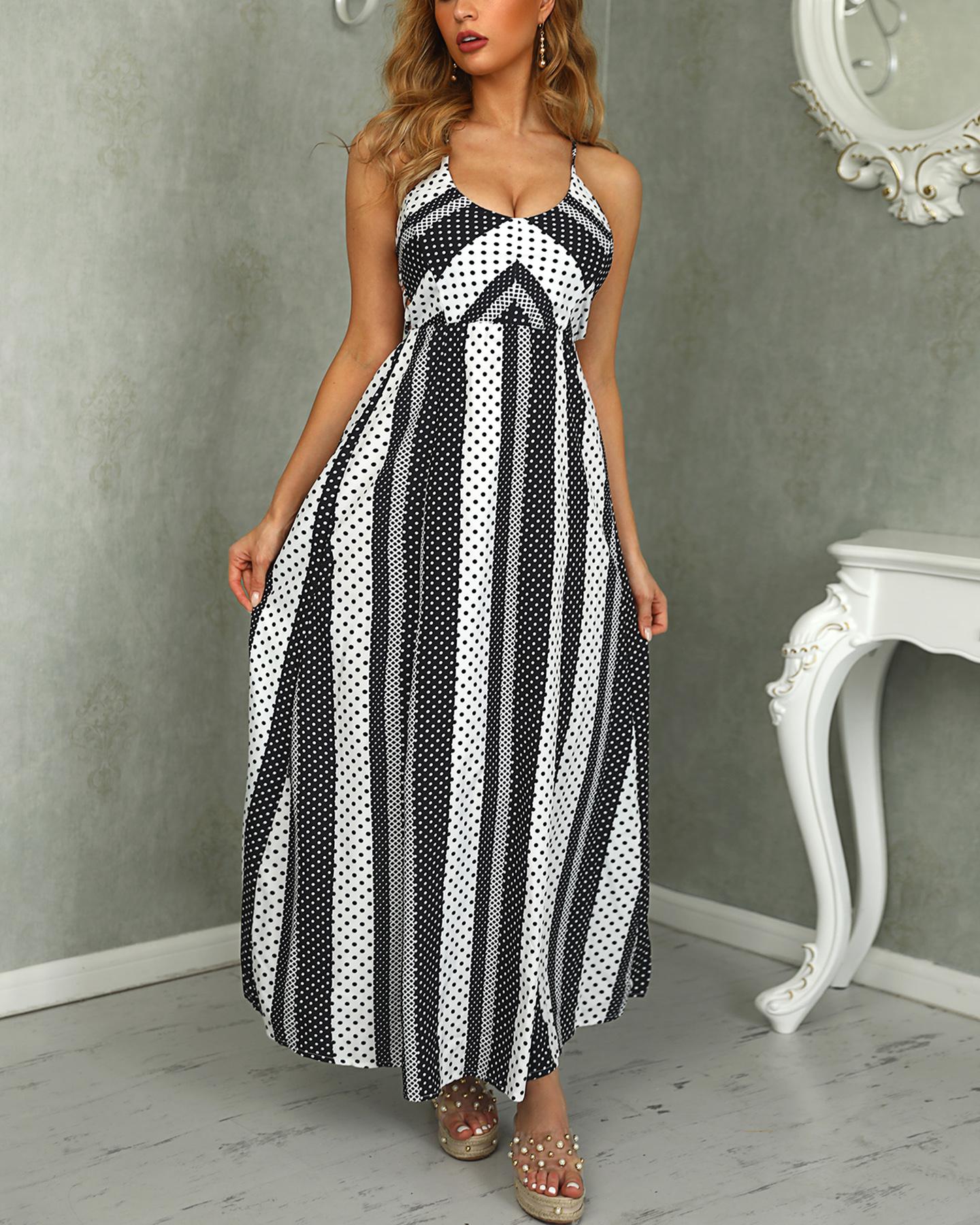 

Dot & Striped Lace-Up Back Maxi Dress, Black