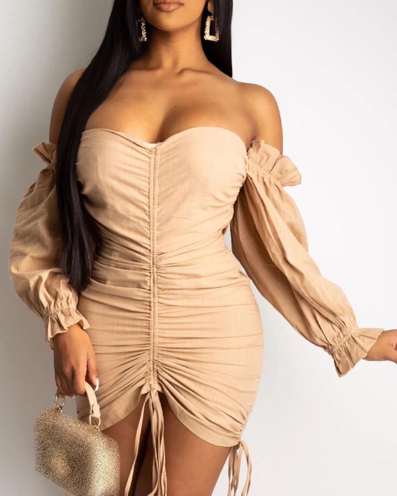 

Solid Off Shoulder Lantern Sleeve Ruched Dress, Apricot