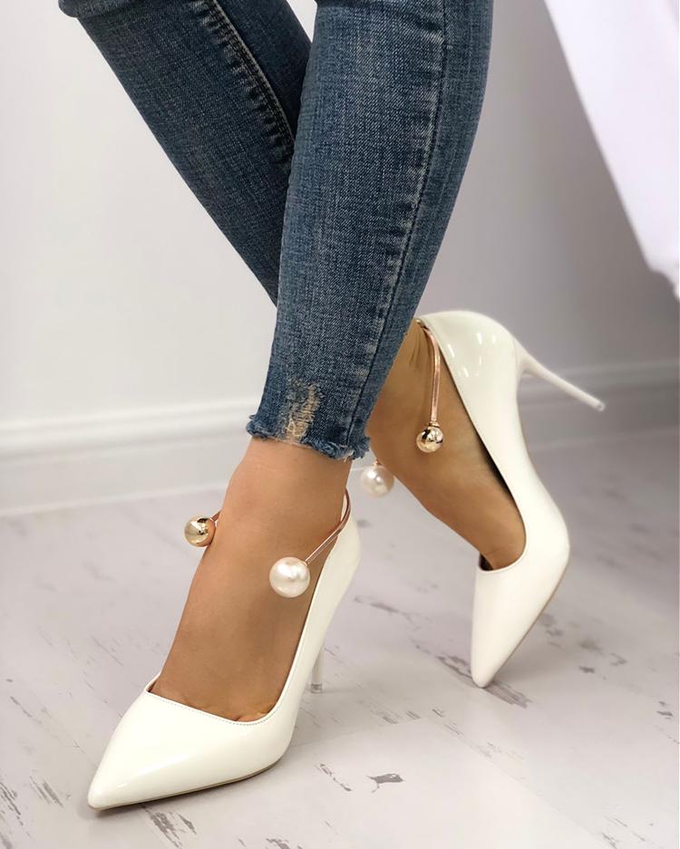 

Stylish Beading Decorated Pointed Toe Thin Pumps, White