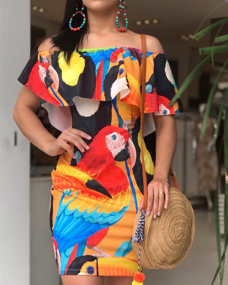 

Parrot Print Off Shoulder Ruffles Bodycon Dress, Multicolor