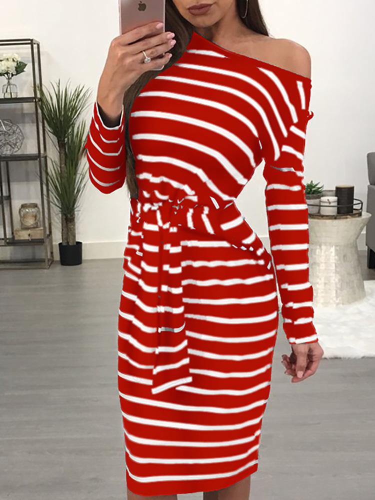 

Striped Long Sleeve Tied Waist Casual Dress, Red