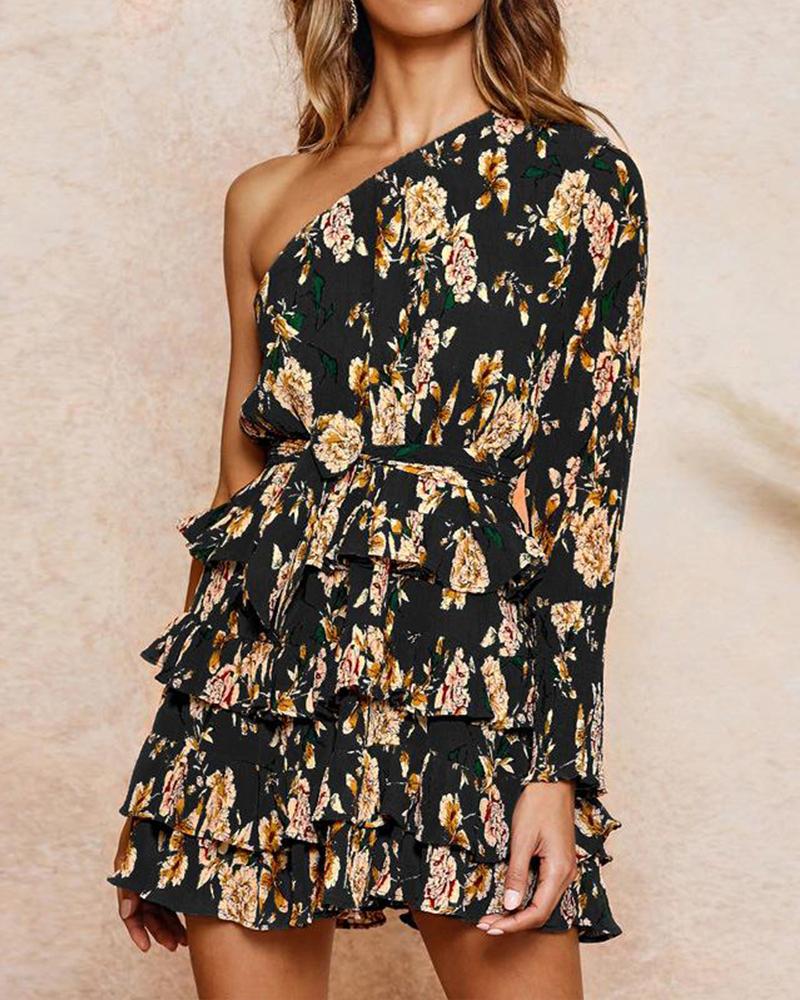 

Floral One Shoulder Mini Dress, Black