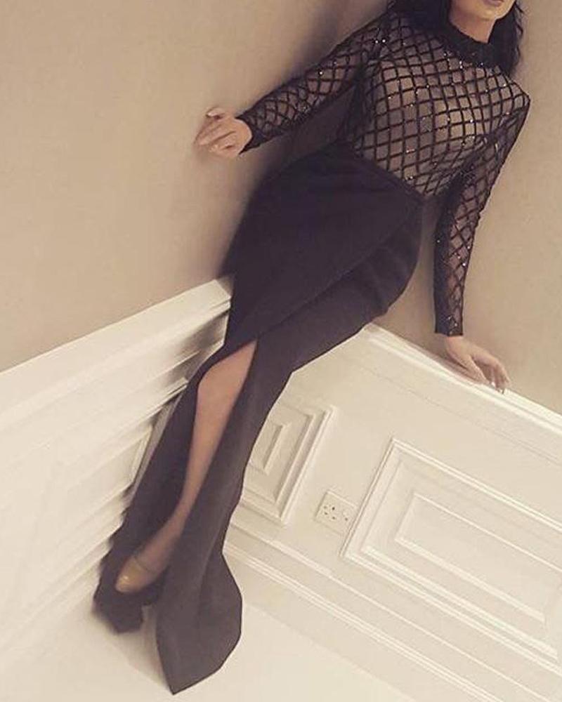 

Embellished Maxi Mesh Evening Dress, Black