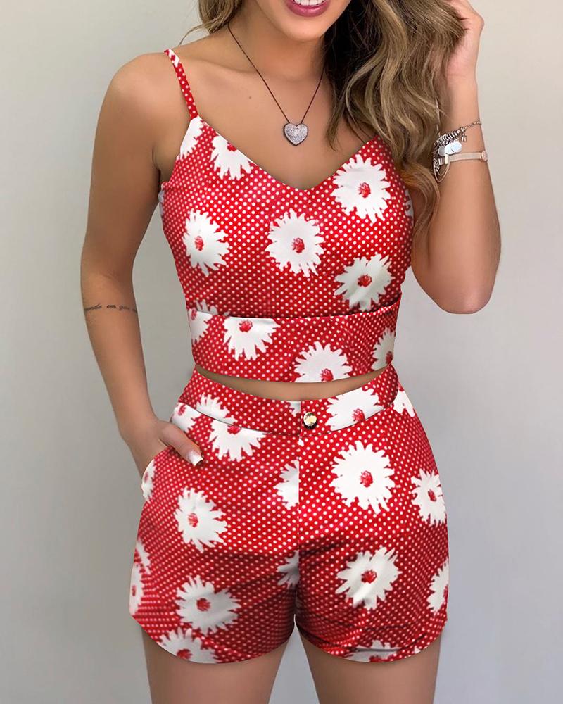 

Daisy Dots Print Cami Top & Shorts Set, Red