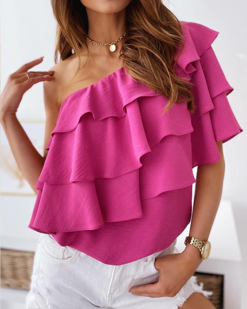 

One Shoulder Layered Ruffle Top, Hot pink