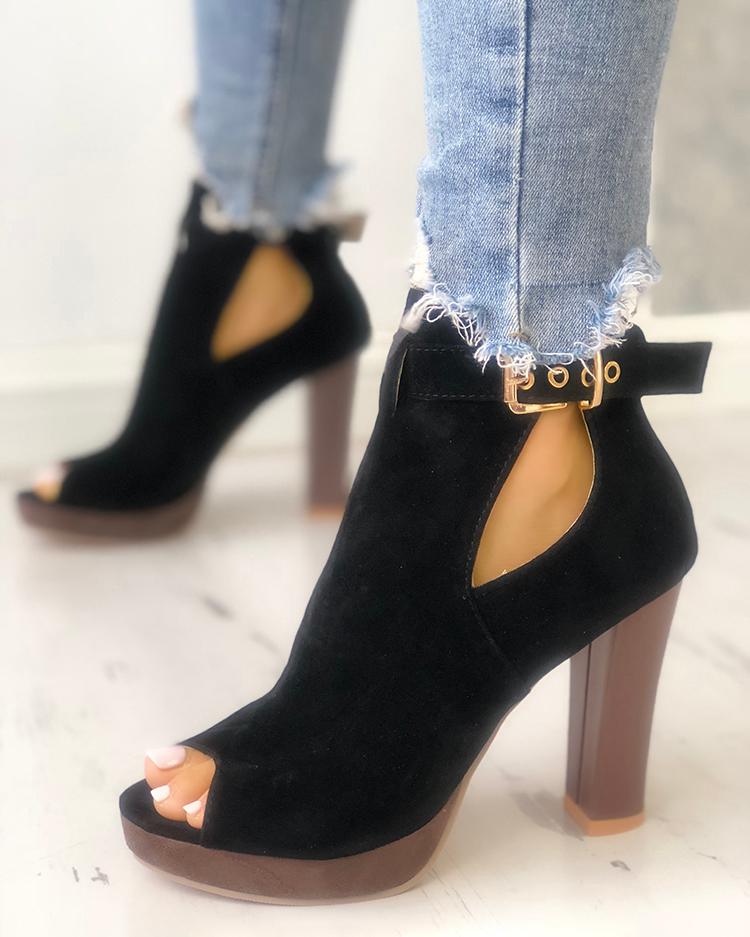 

Solid Suede Peep Toe Buckled Chunky Heels, Black