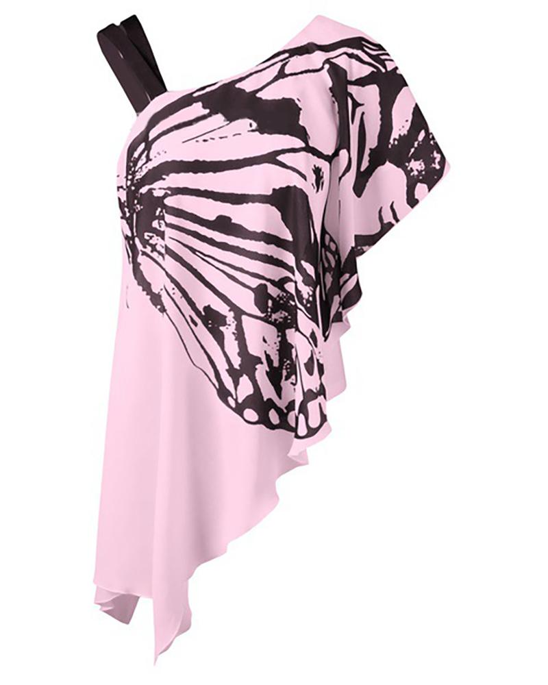 

Butterfly Print One Shoulder Irregular Ruffles T-shirt, Pink