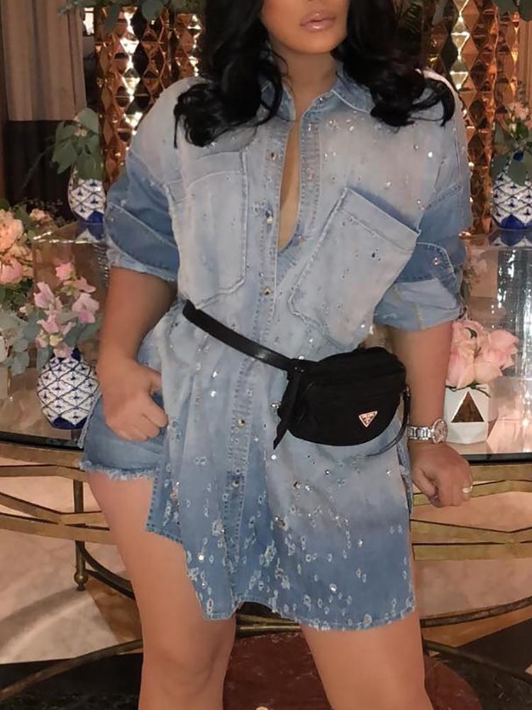 

Denim Gradient Color Distressed Shirt Dress