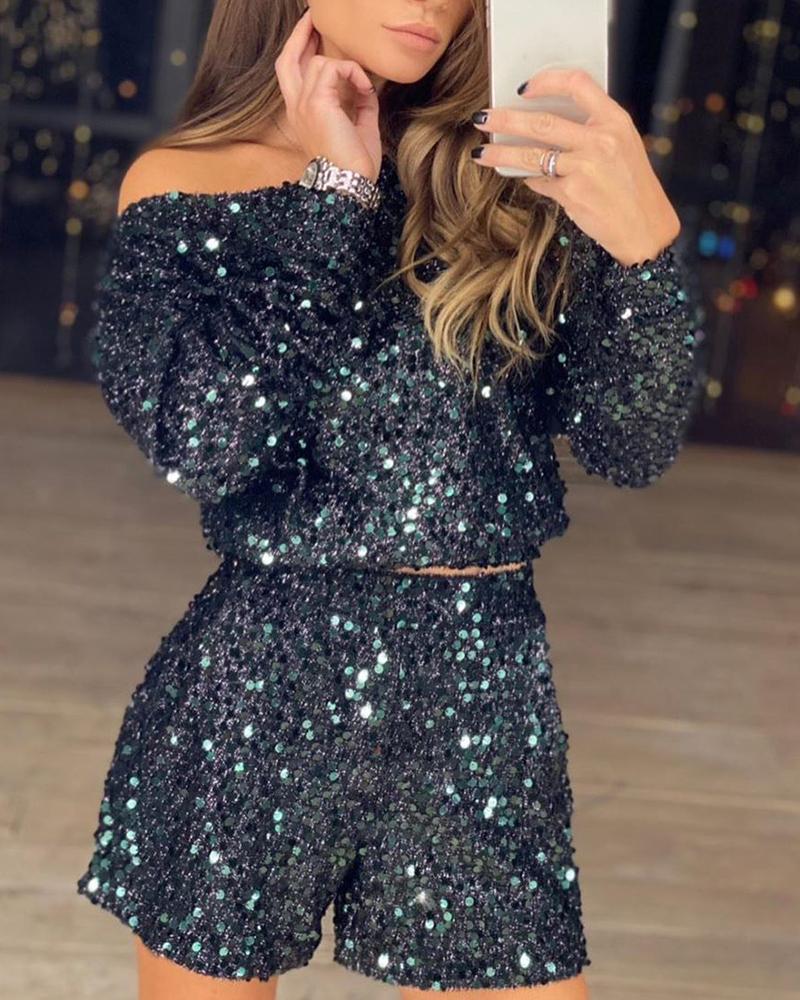

Sequins Off Shoulder Top & Short Sets, Black