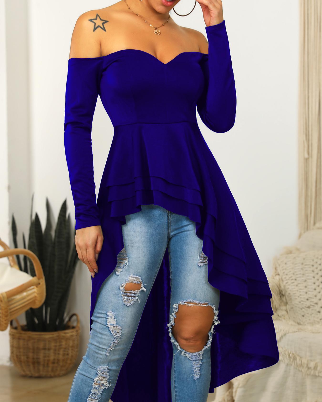 

Off Shoulder Long Sleeve Dip Hem Blouse, Blue