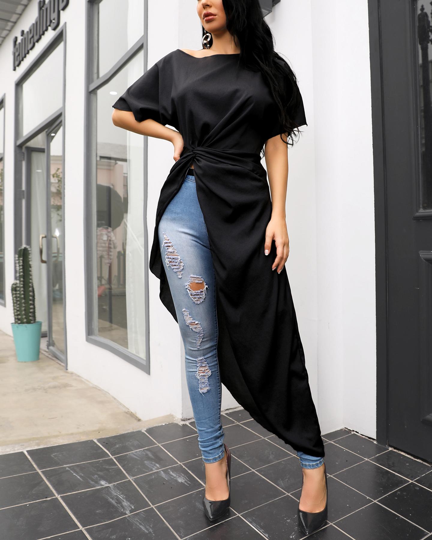 

Short Sleeve Twisted Dip Hem Blouse, Black
