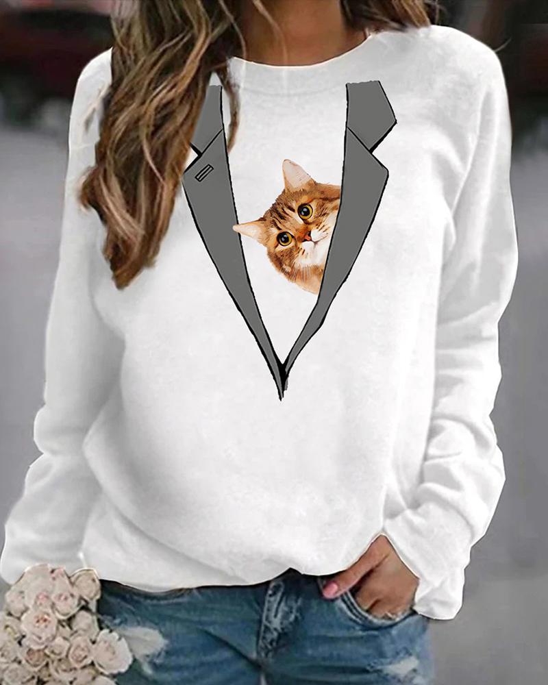 

Cat Print Pullover Casual Sweatshirt, White