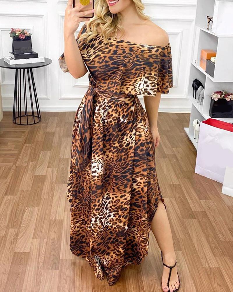 

Cheetah Print Off Shoulder Slit Maxi Dress, Leopard