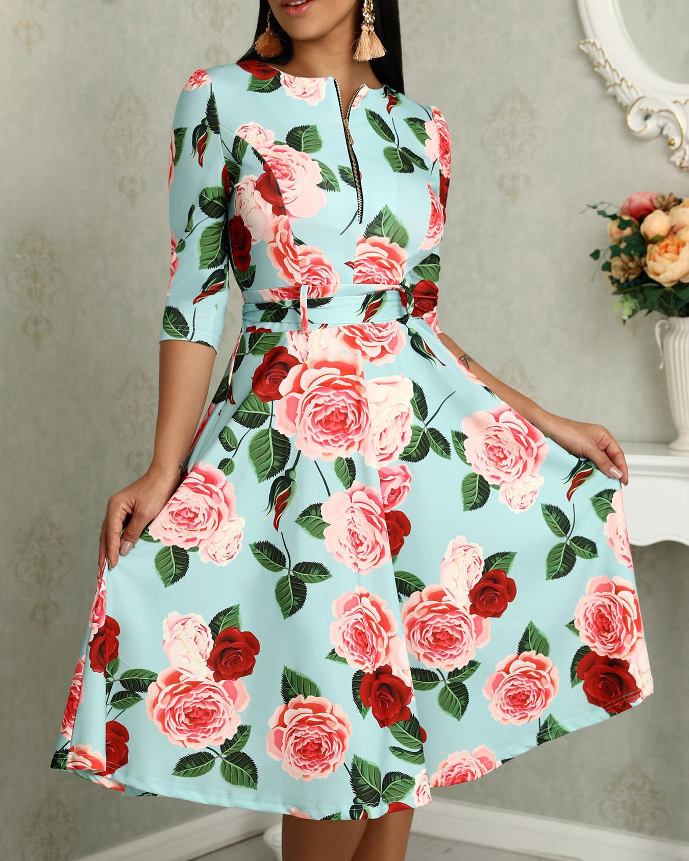 

Floral Print Zipper Up Self Belted Pleated Dress, Multicolor