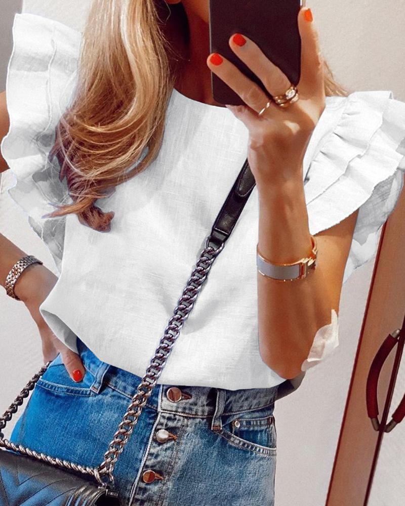 

Round Neck Ruffles Flutter Sleeve Blouse, White