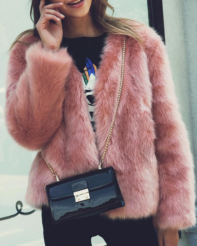

Plus Size Fluffy Open Front Fur Coat, Pink