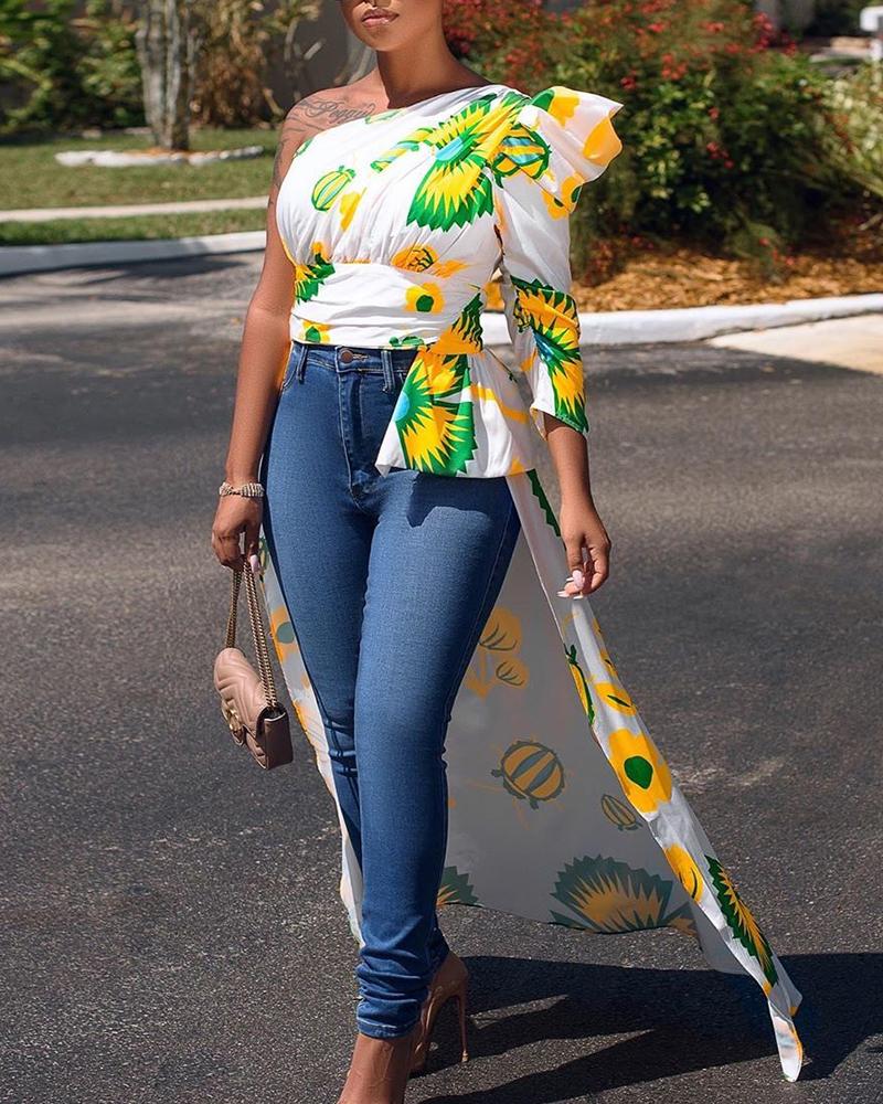 

Floral Print One Shoulder Dip Hem Blouse, White