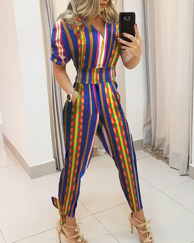 

Short Sleeve Striped Pocket Design Jumpsuit, Multicolor