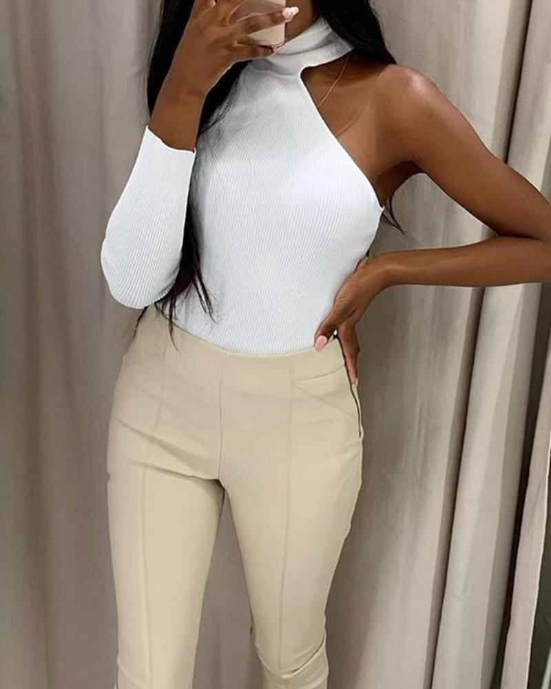 

One Shoulder Halter Ribbed Top, White