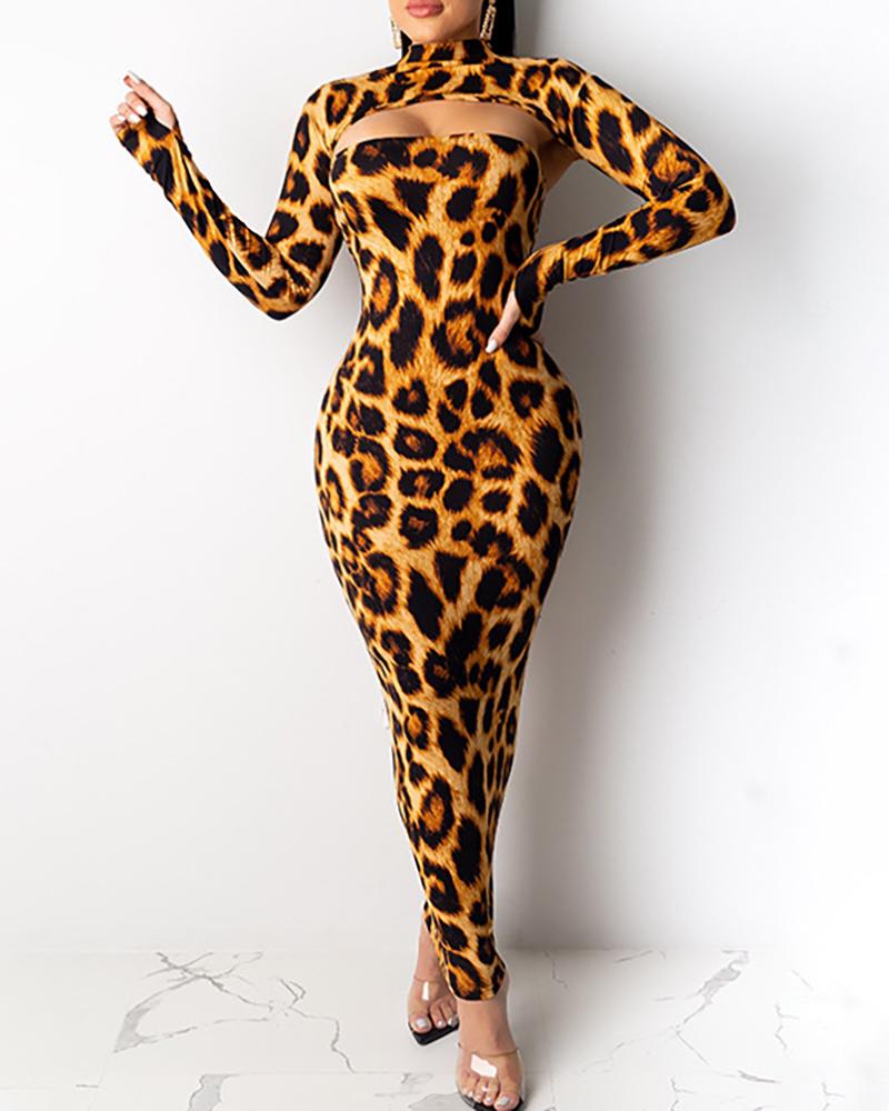 

Mock Neck Long Sleeve Print Top & Tube Dress Sets, Leopard