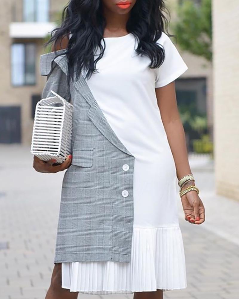 

Short Sleeve Gird Blazer Insert Pleated Dress, White