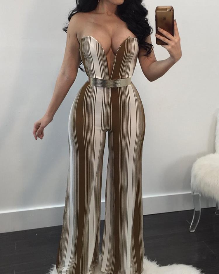 

Strapless Deep V Wide Leg Jumpsuit, Coffee