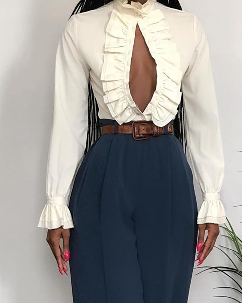 

Sexy Ruffle Hem Keyhole Top, Beige