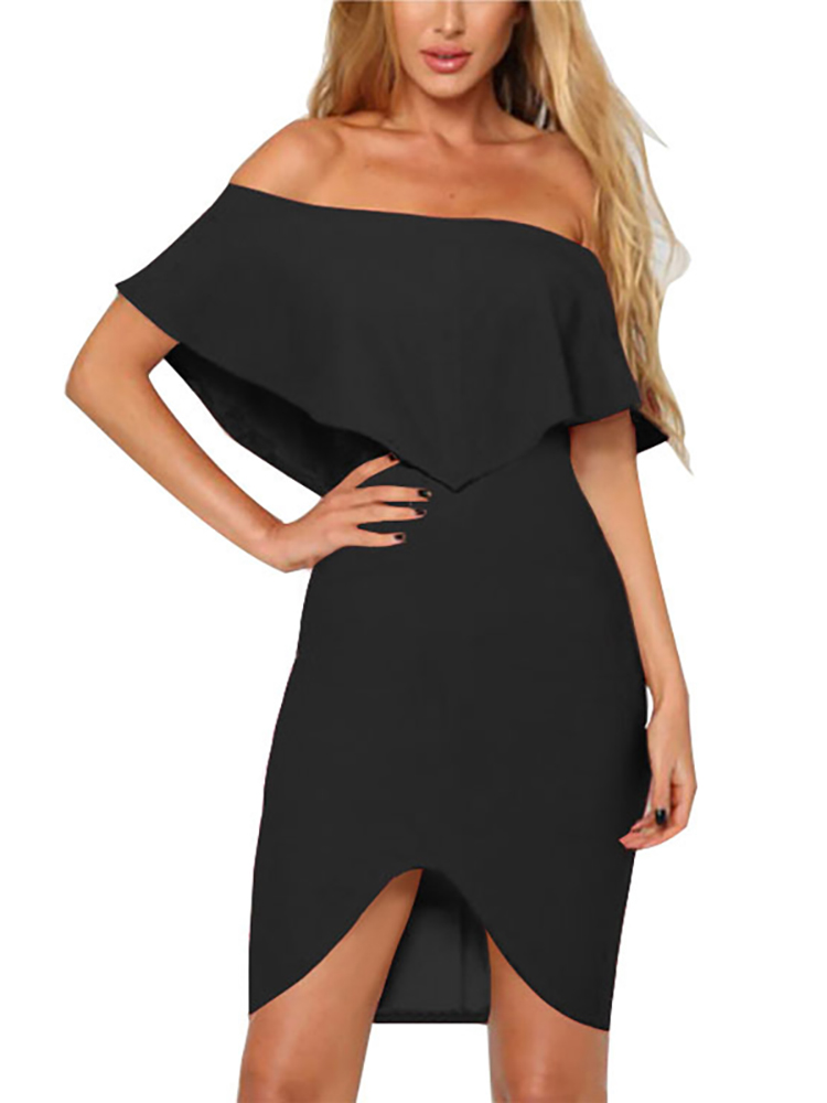 

Stylish Flouced Off Shoulder Dip Hem Bodycon Dress, Red;blue;black