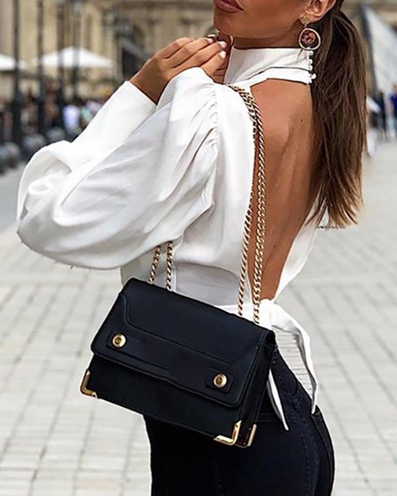 

Solid Lantern Sleeve Backless Tied Blouse