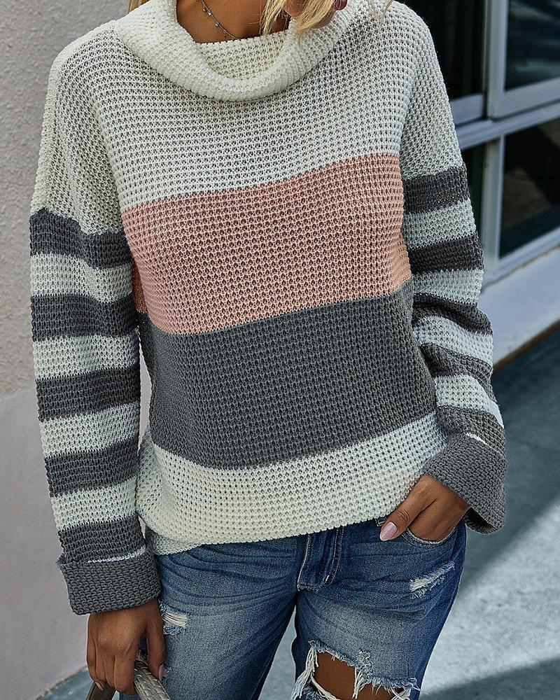 

Striped Clolrblock Knit Casual Sweater, Gray
